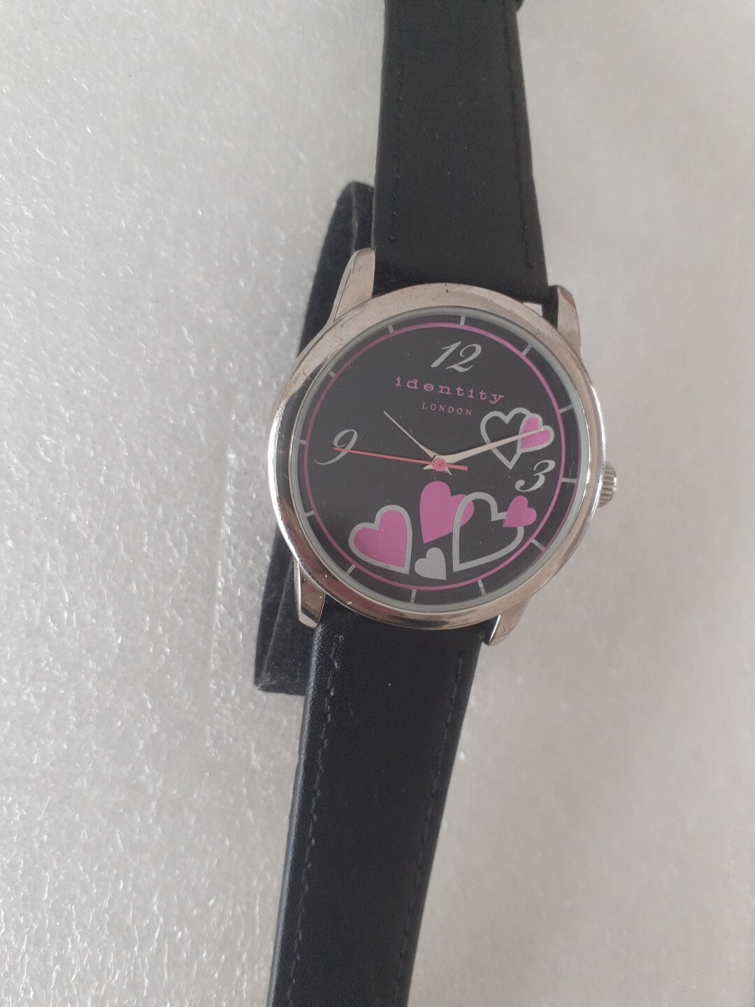 Identity London Ladies Hearts Quartz Watch With A New Black Leather Strap