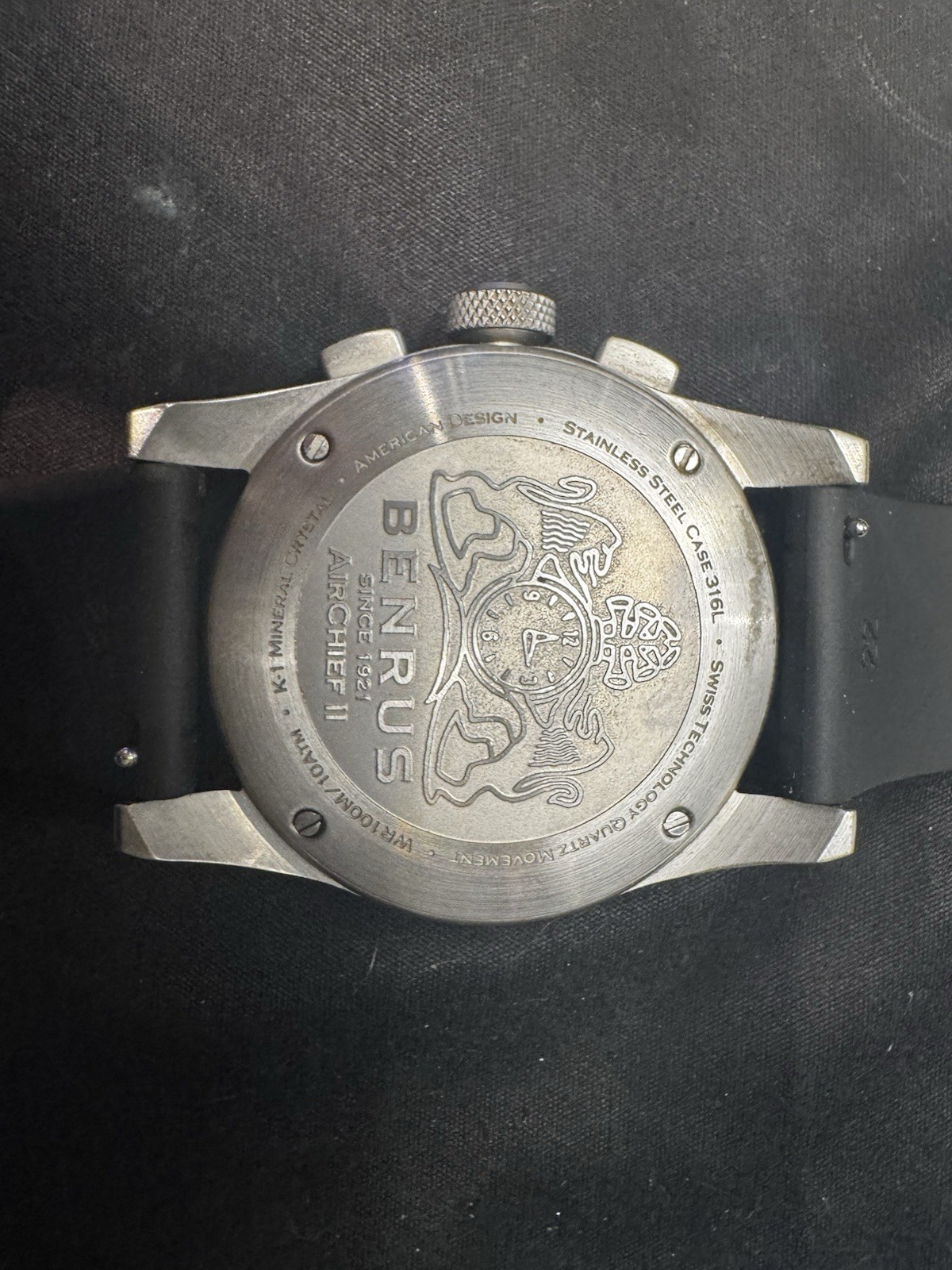 Benrus Air Chief chronograph. Mesh bracelet. Quartz. New in case, w/ blemishes