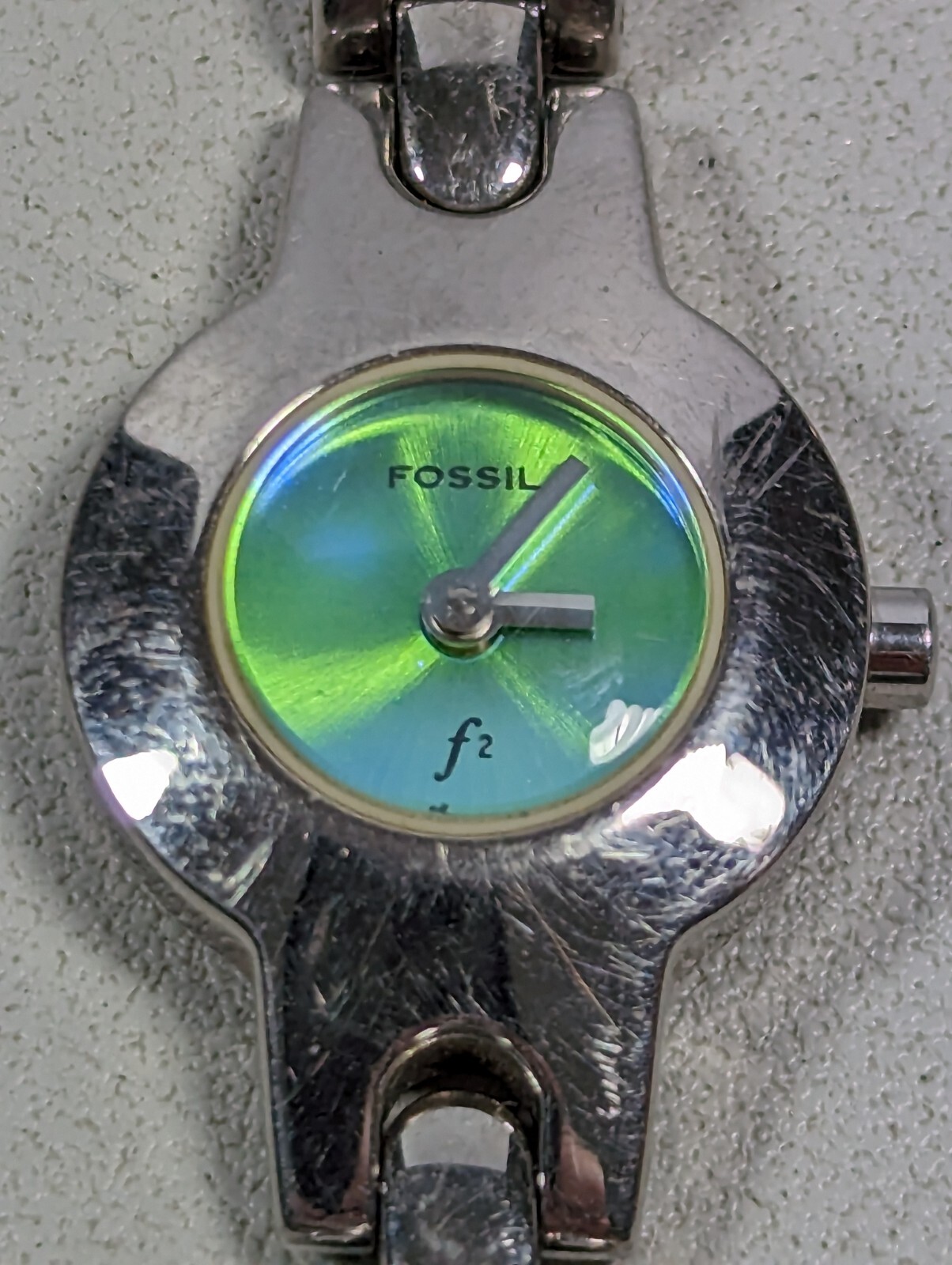 Fossil F2 Blue Dial Round Silver Tone Case Bar Style Bracelet Band Watch 6.25 In
