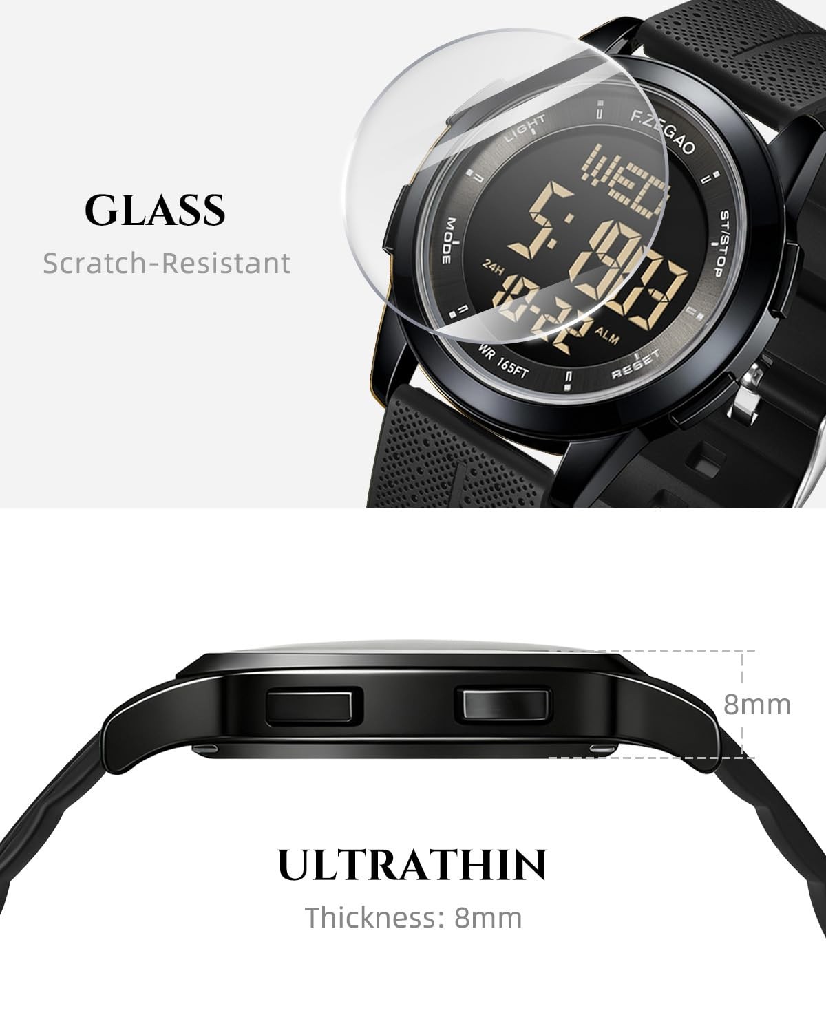 F.ZEGAO Metal UltraThin Waterproof Digital Watch Men, Military Watches with T…