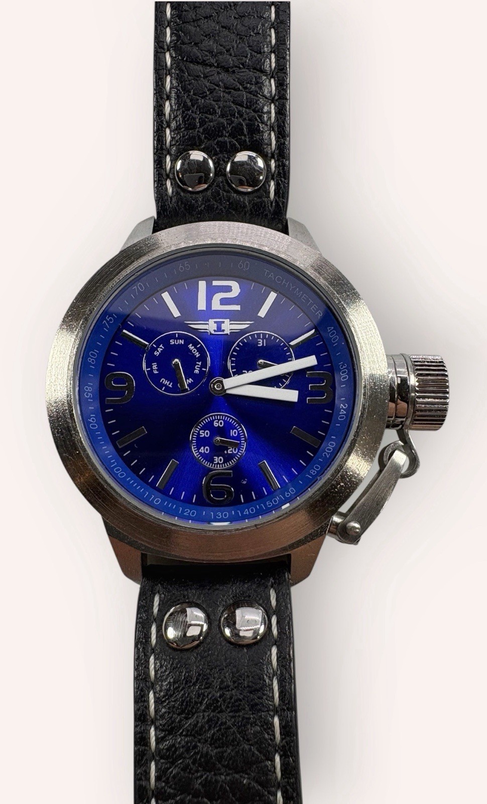 Invicta Stainless Steel Blue Chrono Screw Down Crown Leather Strap Running