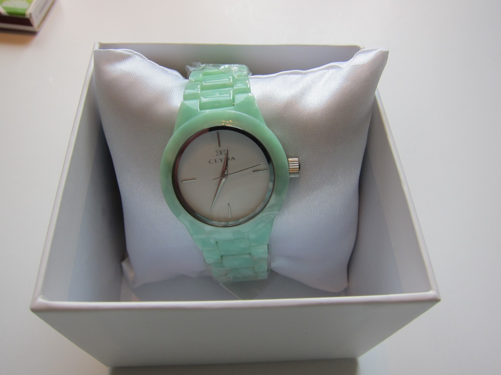 NEW Clyda Jade Acetate Quartz Watch with silver hands and bevel