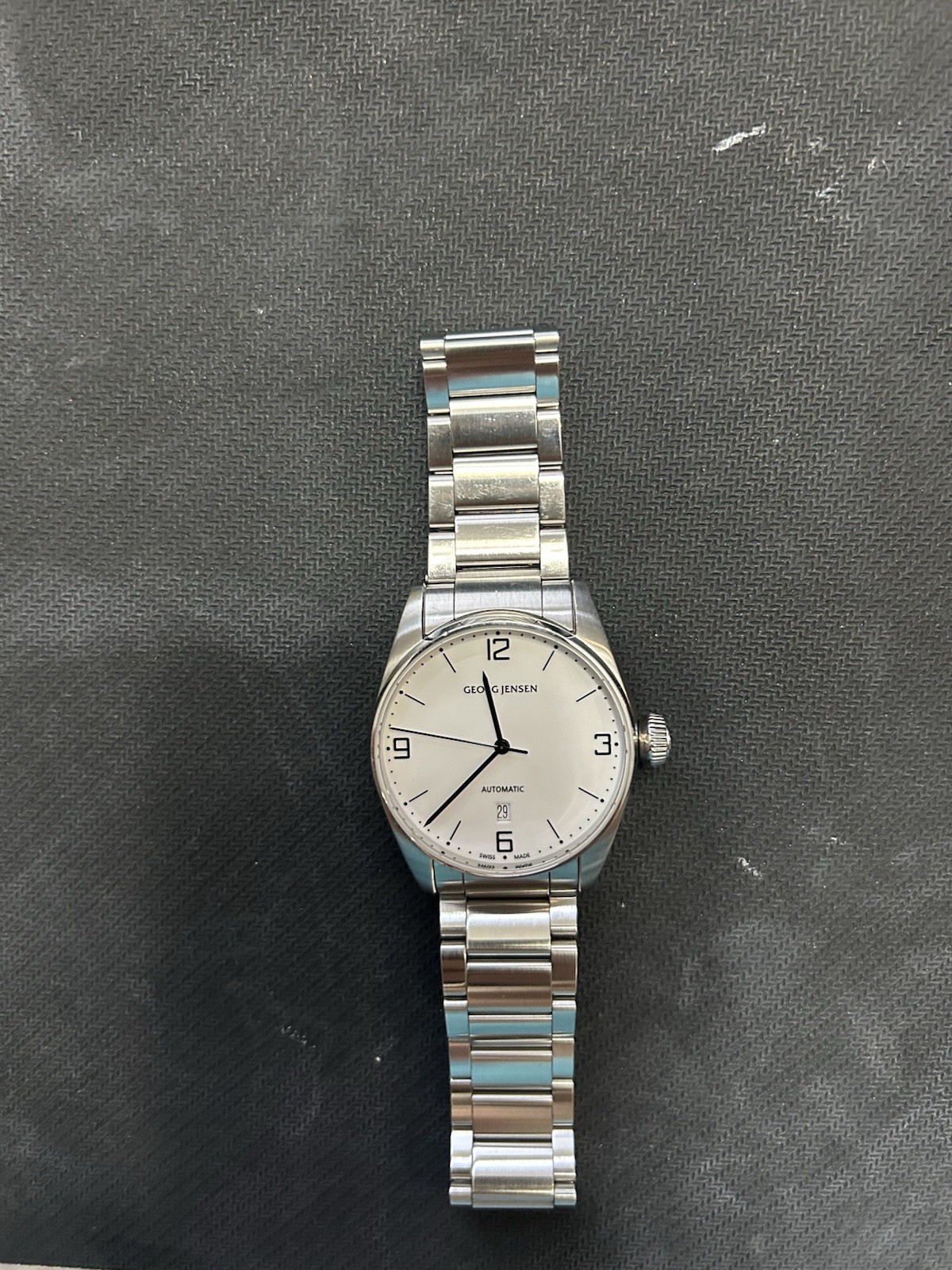 Georg Jensen Auto 41mm White Dial Date Steel Bracelet 10 ATM Box Papers