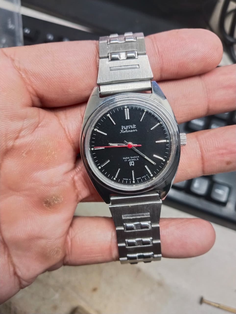 Orignal HMT Mechanical Watch Dial Black Silver Bracelet Strap Hand Winding Mint