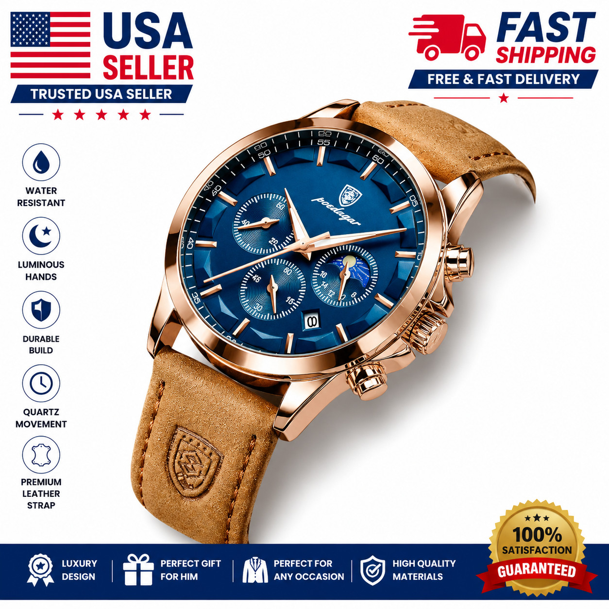 Luxury Chronograph Men’s Watch Leather Strap Quartz Waterproof Business Wristwat