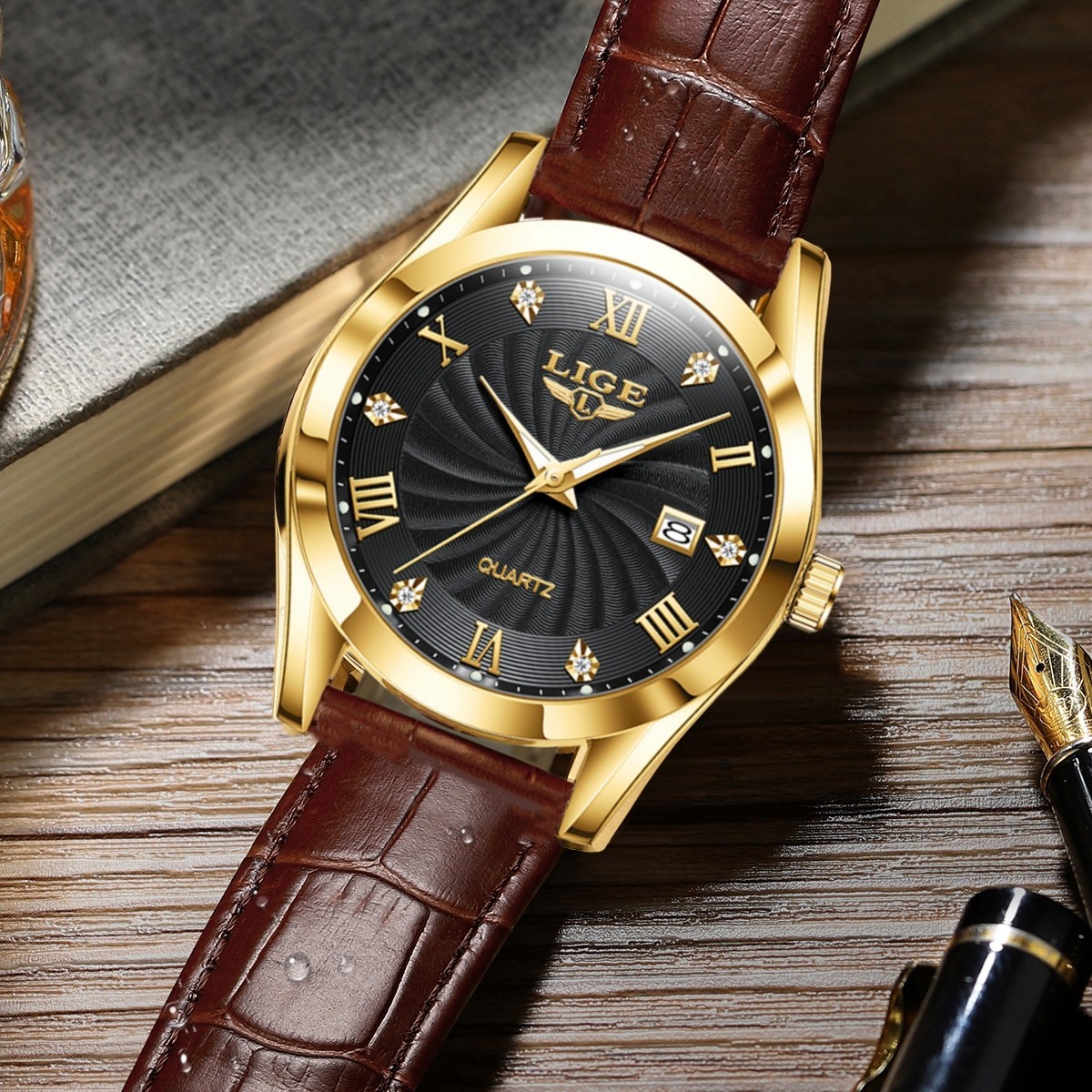LIGE Men’s Watch Leather Watches Waterproof Luminous Quartz Date Man Wristwatch