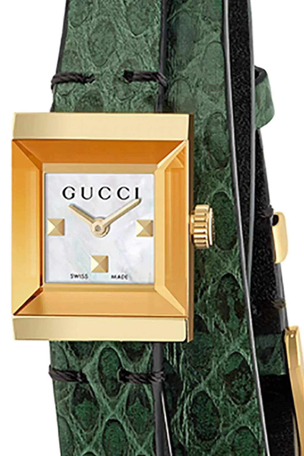 NEW GUCCI G Frame Double Mother of Pearl Dial Green Leather Strap Watch YA128525