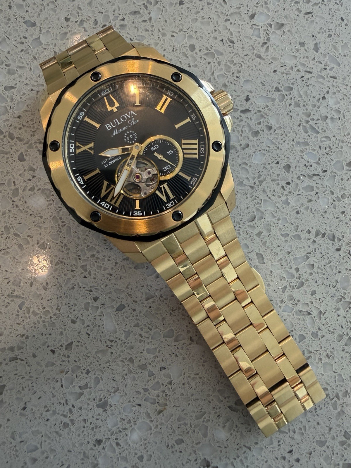 Bulova Marine Star Men’s Automatic 200m 45mm Gold Steel Black Roman Dial