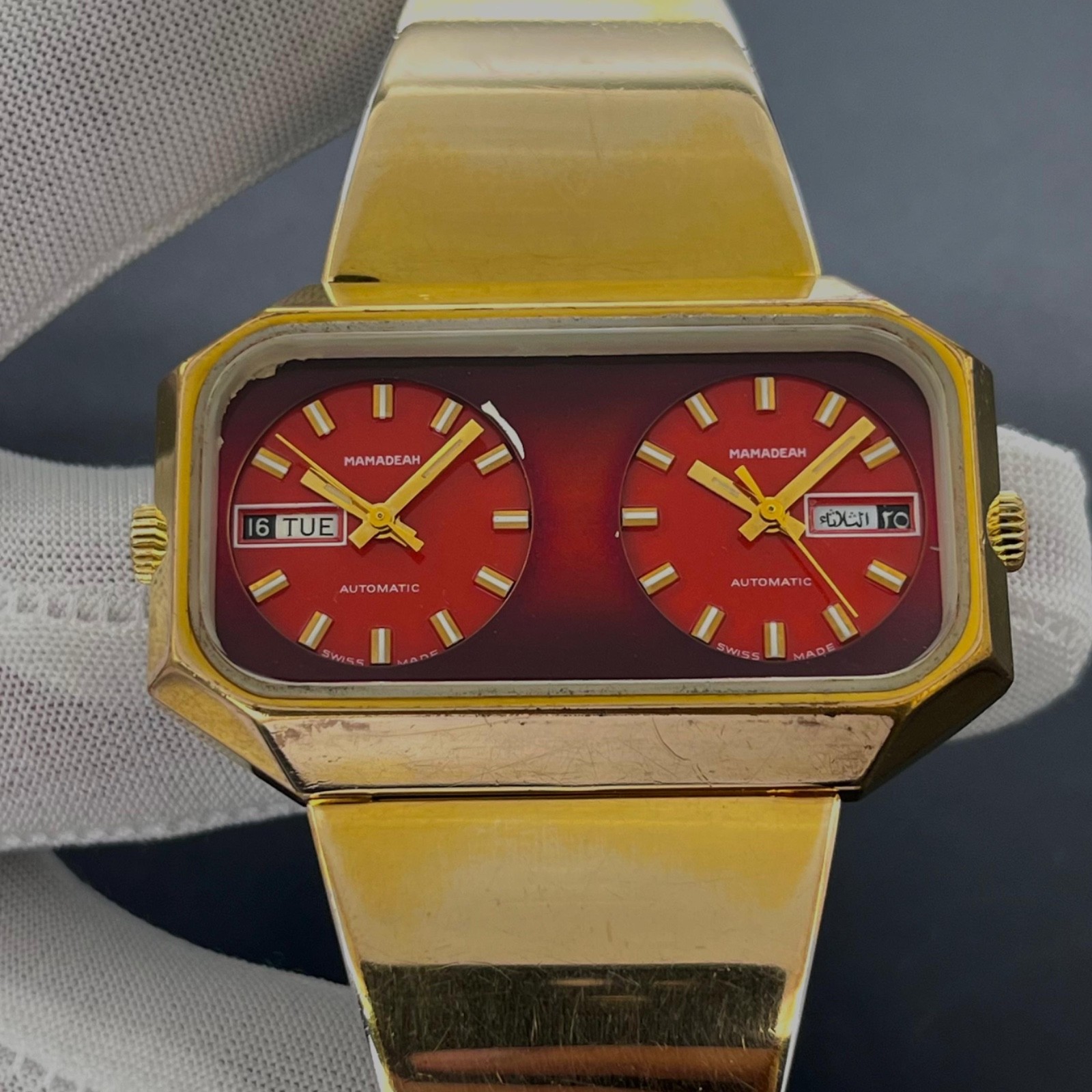 Vintage Mamadeah Automatic Red Ruby Double Dial 42 Jewels Swiss Men’s Watch 5024