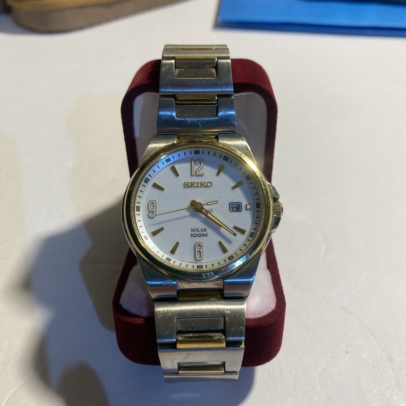 Seiko Solar Watch 2 Tone Bracelet Band Case Dial Date Diver 10Bar Mens WORKS