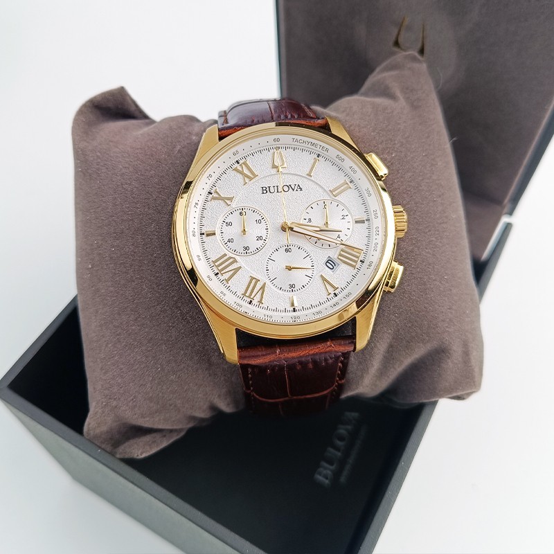 Bulova Wilton 97B169 White Dial Brown Leather Men’s Quartz Watch 46.5mm New