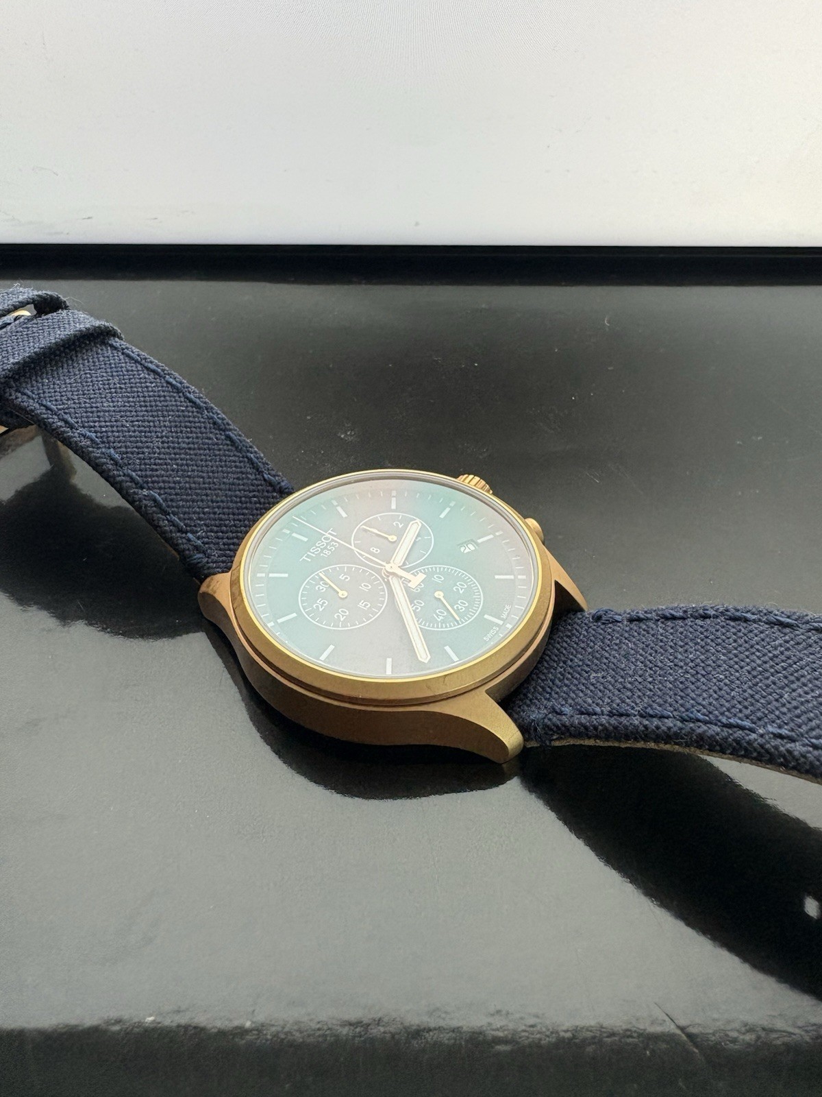 Tissot Chrono XL Blue Dial Chronograph Quartz 45mm 100m Gold Case Fabric