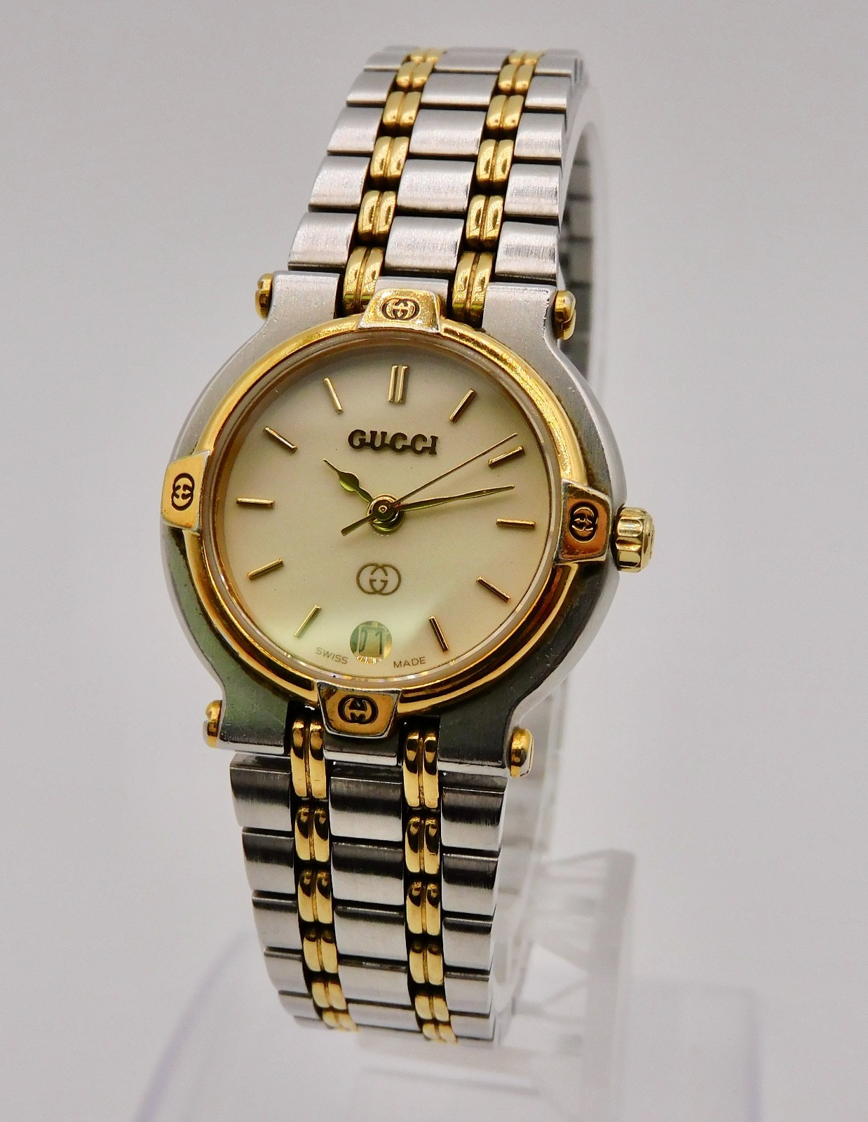 GUCCI 9000L Ivory Dial Two Tone Swiss Quartz Ladies Watch Date Swiss Made