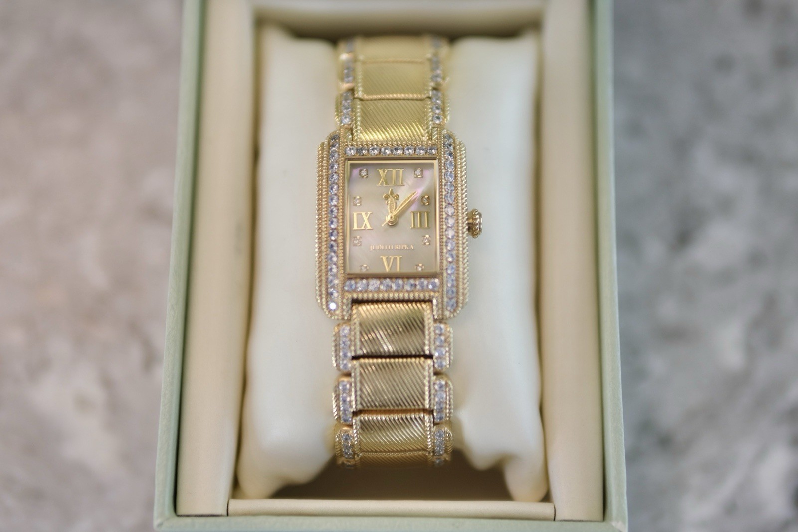 Judith Ripka Gold-Tone Rectangle Quartz Watch Gemstone Bezel/Markers w/ Box