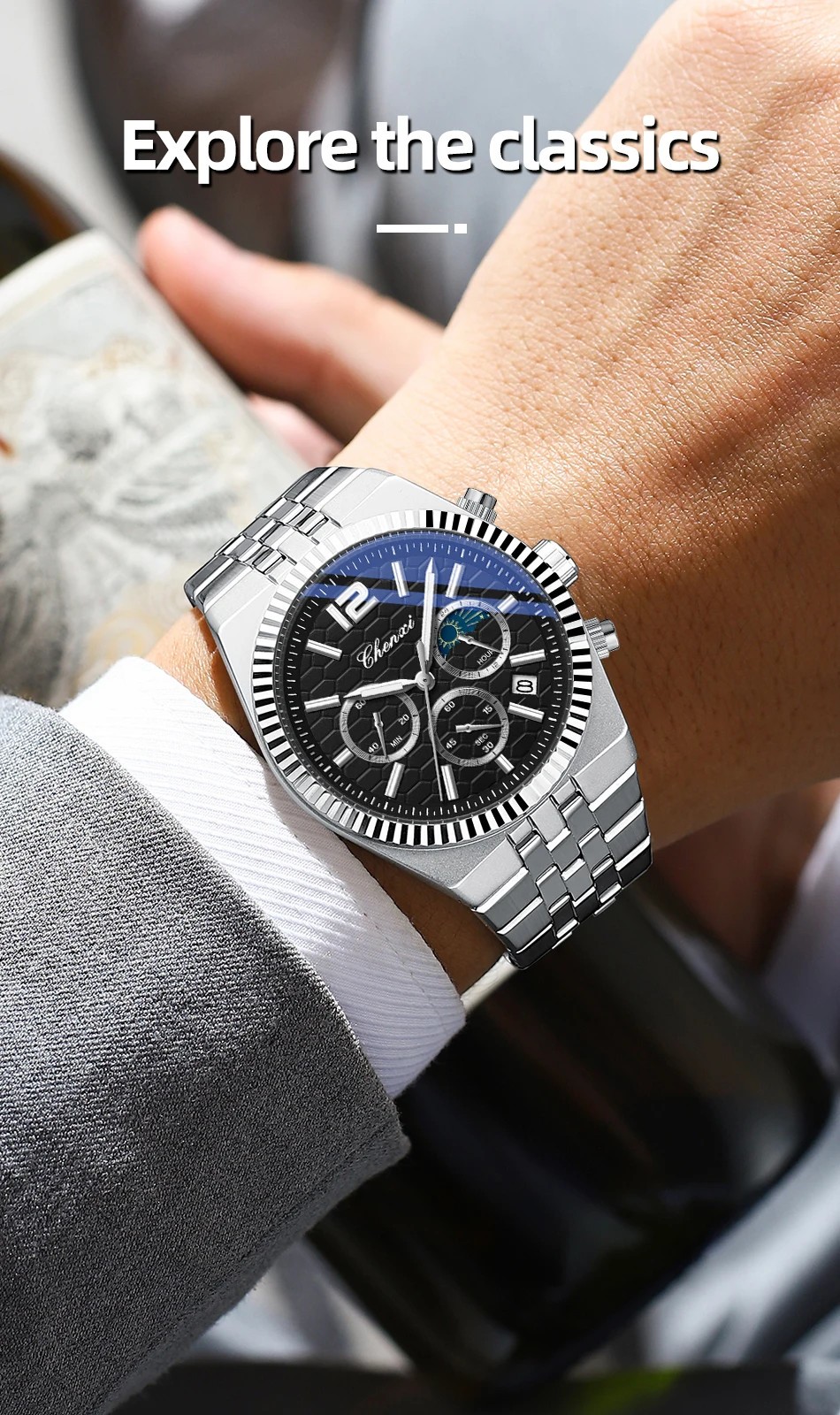 CHENXI Men Quartz Watch Chronograph Wristwatch Six-hands Male Business Watches