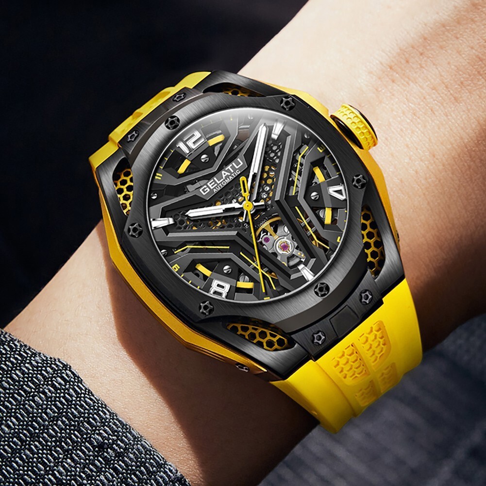 GELATU Men’s Skeleton Sport Automatic Mechanical Watch 5ATM Luminous Wristwatch