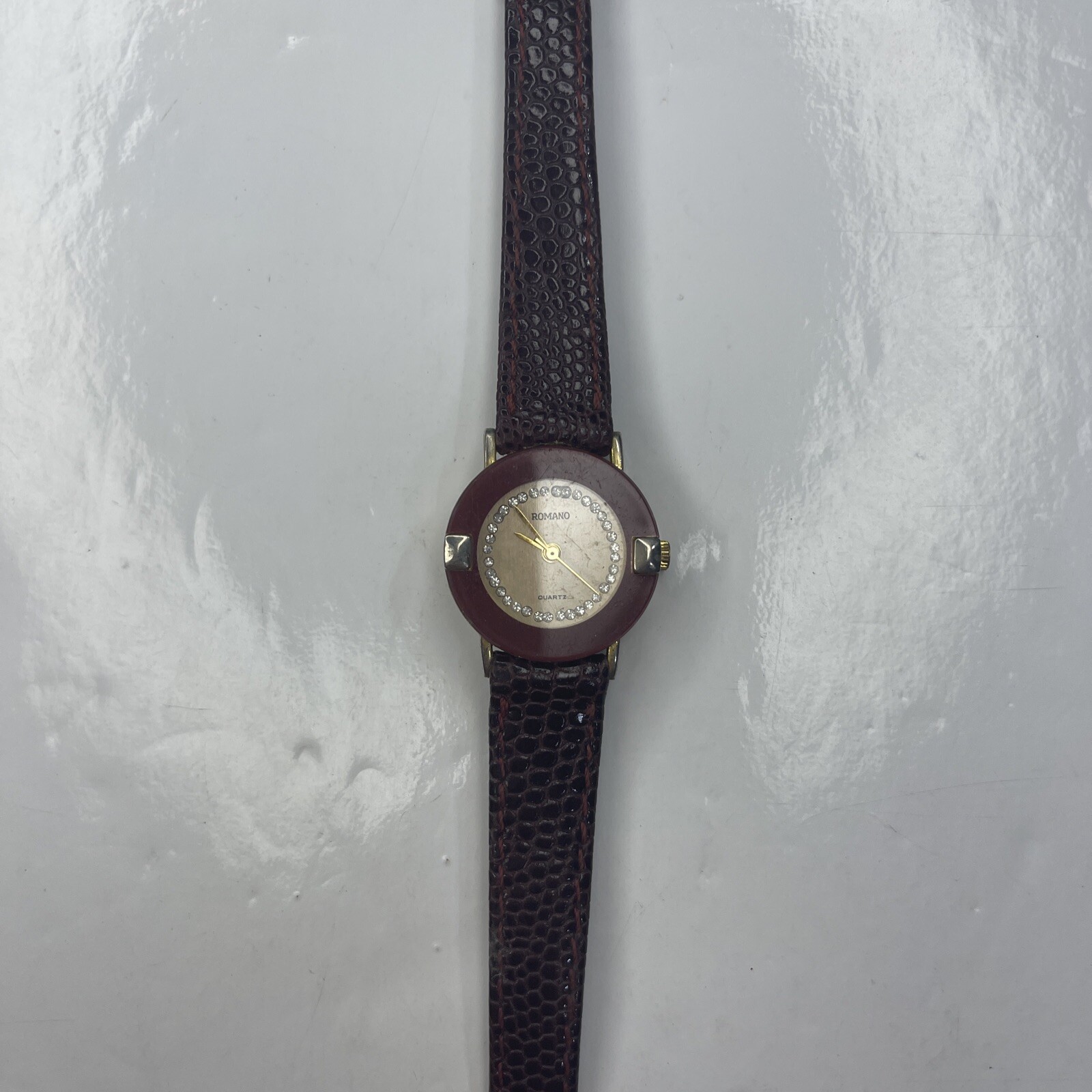 A Romano Crystals Gold Burgundy Leather Lizard Vtg Retro Watch Untested
