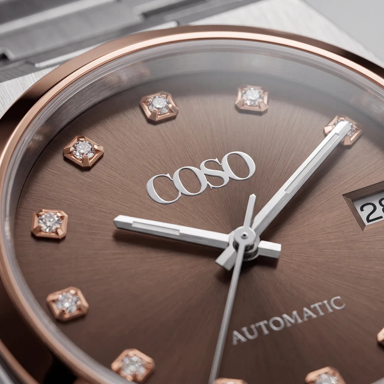 COSO Tolaris Automatic Brown Dial Rose Gold Bezel Crystal Indices Steel