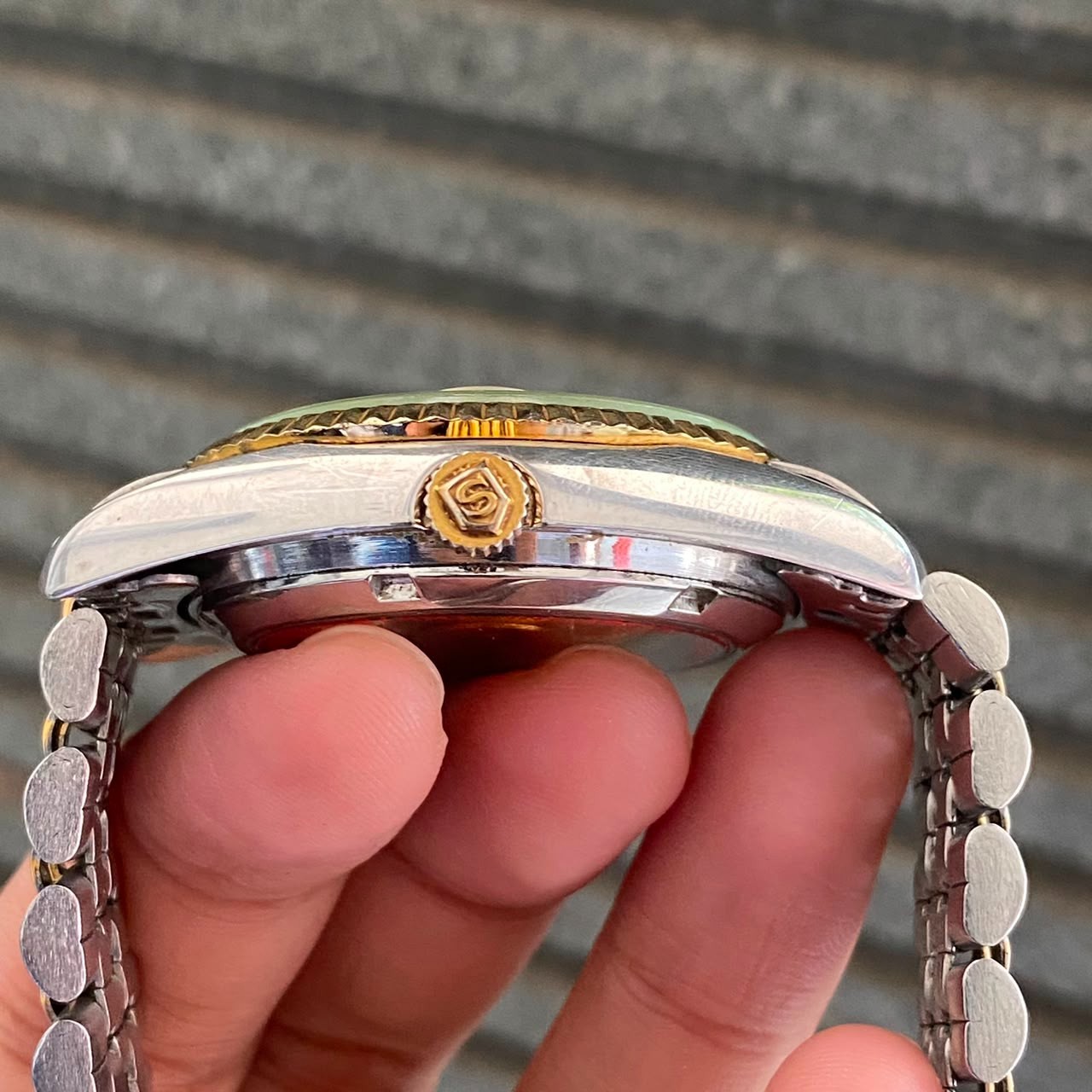 Rare Sandoz President Automatic 25J ETA Diamond Index Gold Day Date Watch Men