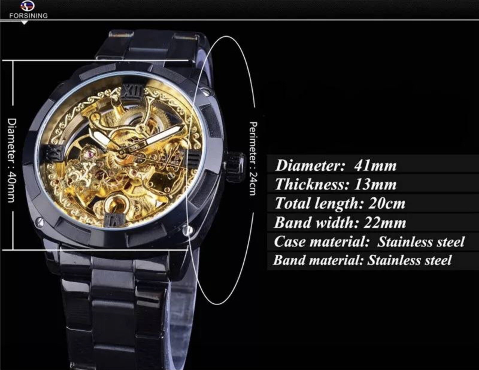 Forsining Mens Skeleton Mechanical Waterproof Luxury Watch Gold Gift Idea