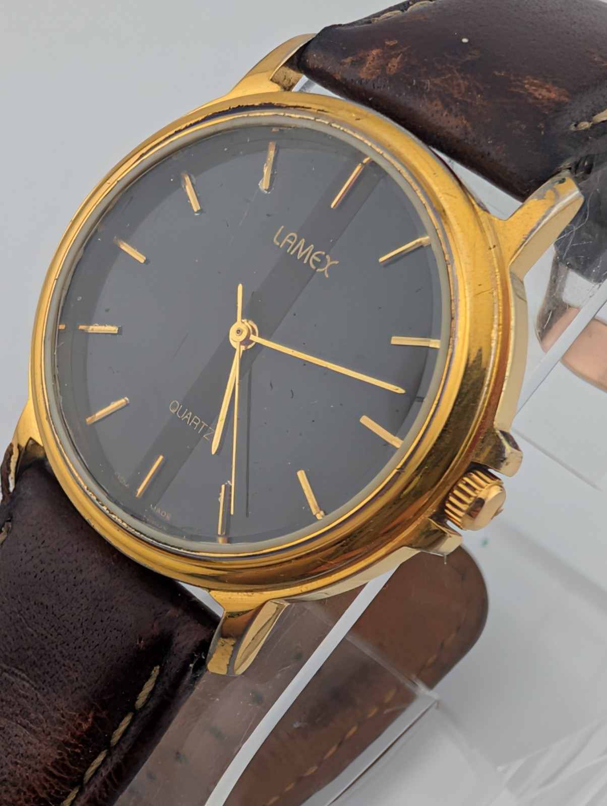 Lamex India 18k Gold Electroplated Watch Men 32mm Case Leather Band- New Battery