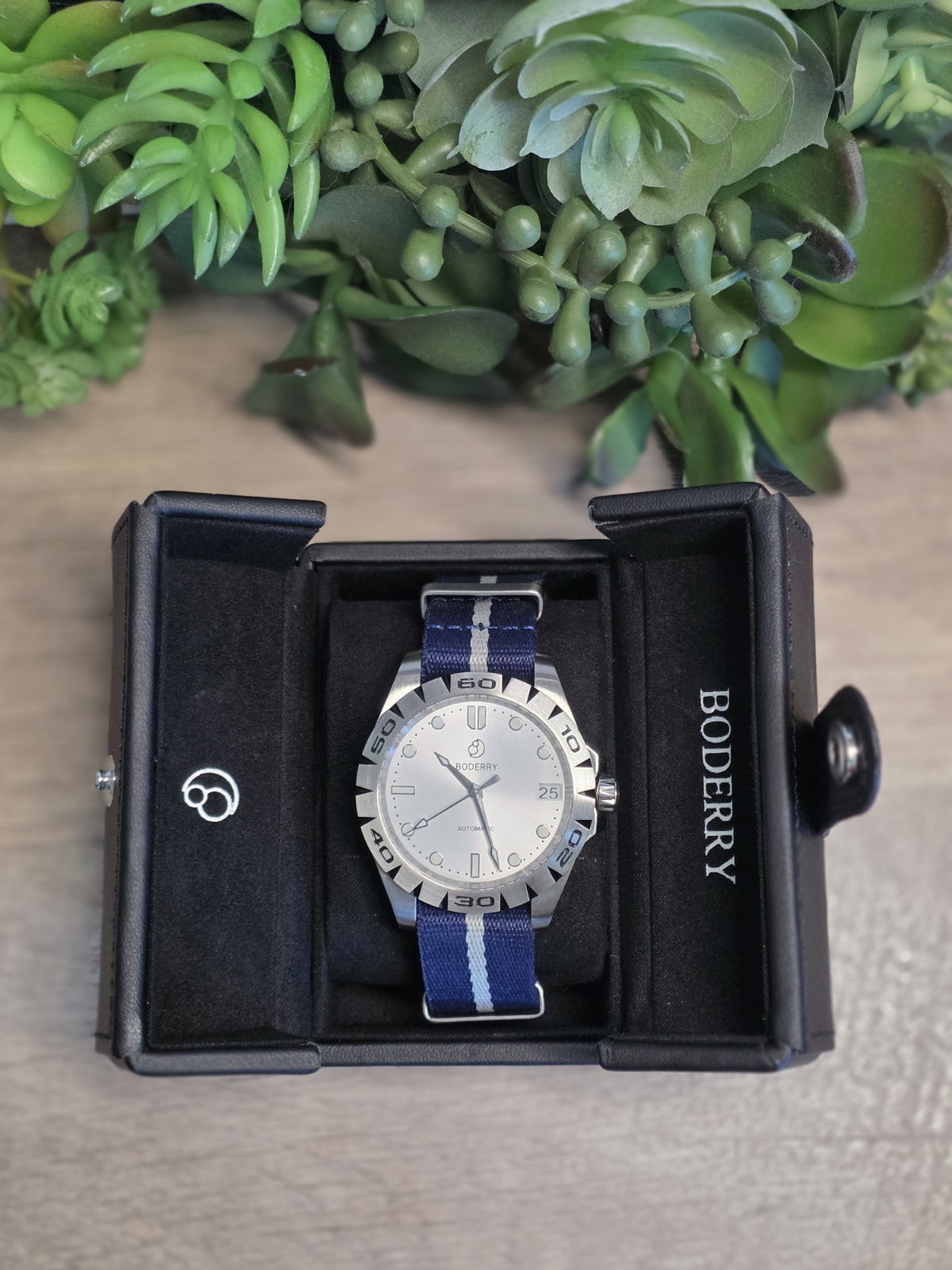 BODERRY Automatic Date 41.5mm Silver Dial Stainless Steel Blue/White Nylon Watch