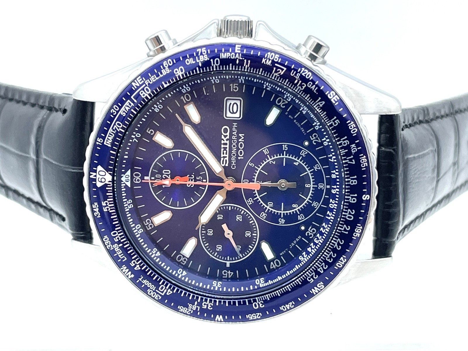 SEIKO Flight master Men’s Chronograph Watch Blue Dial New Band Battery 7T92-0CF0