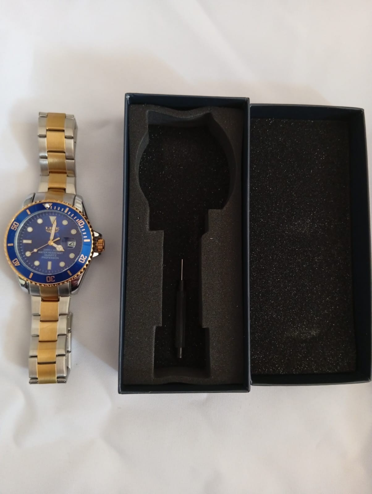 LIGE Men Quartz Watch Two Tone Gold Silver Stainless Steel Band Luxury Blue Dial