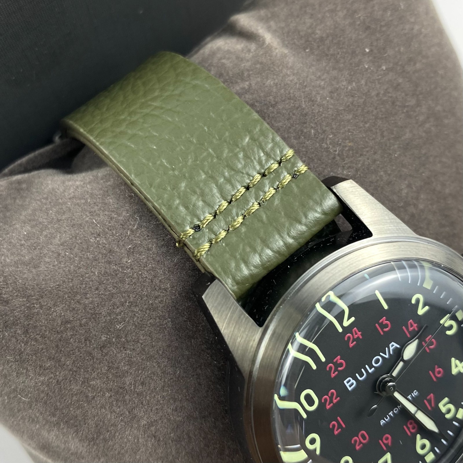 Bulova Hack Men’s 98A255 Military Automatic Black Dial Green Leather Strap Watch