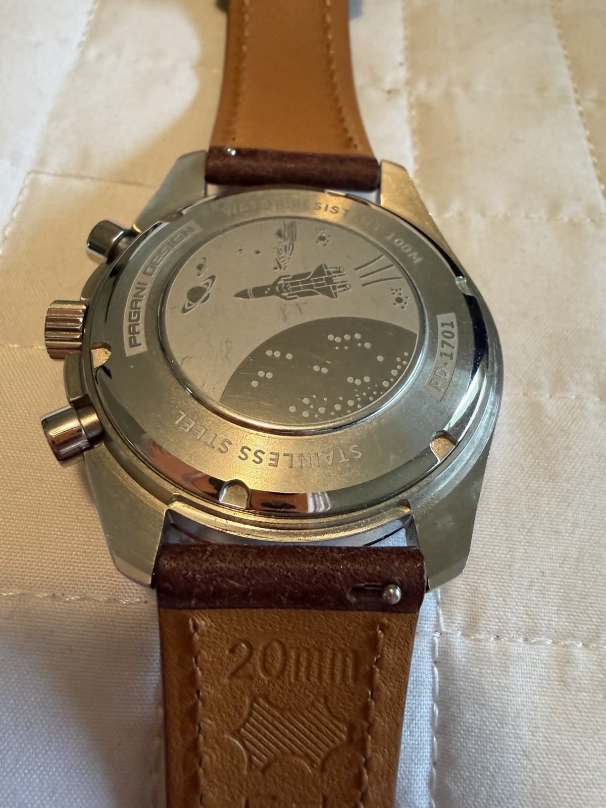 Pagani Design Quartz Chronograph Tachymeter Wristwatch Black Dial Brown Leather