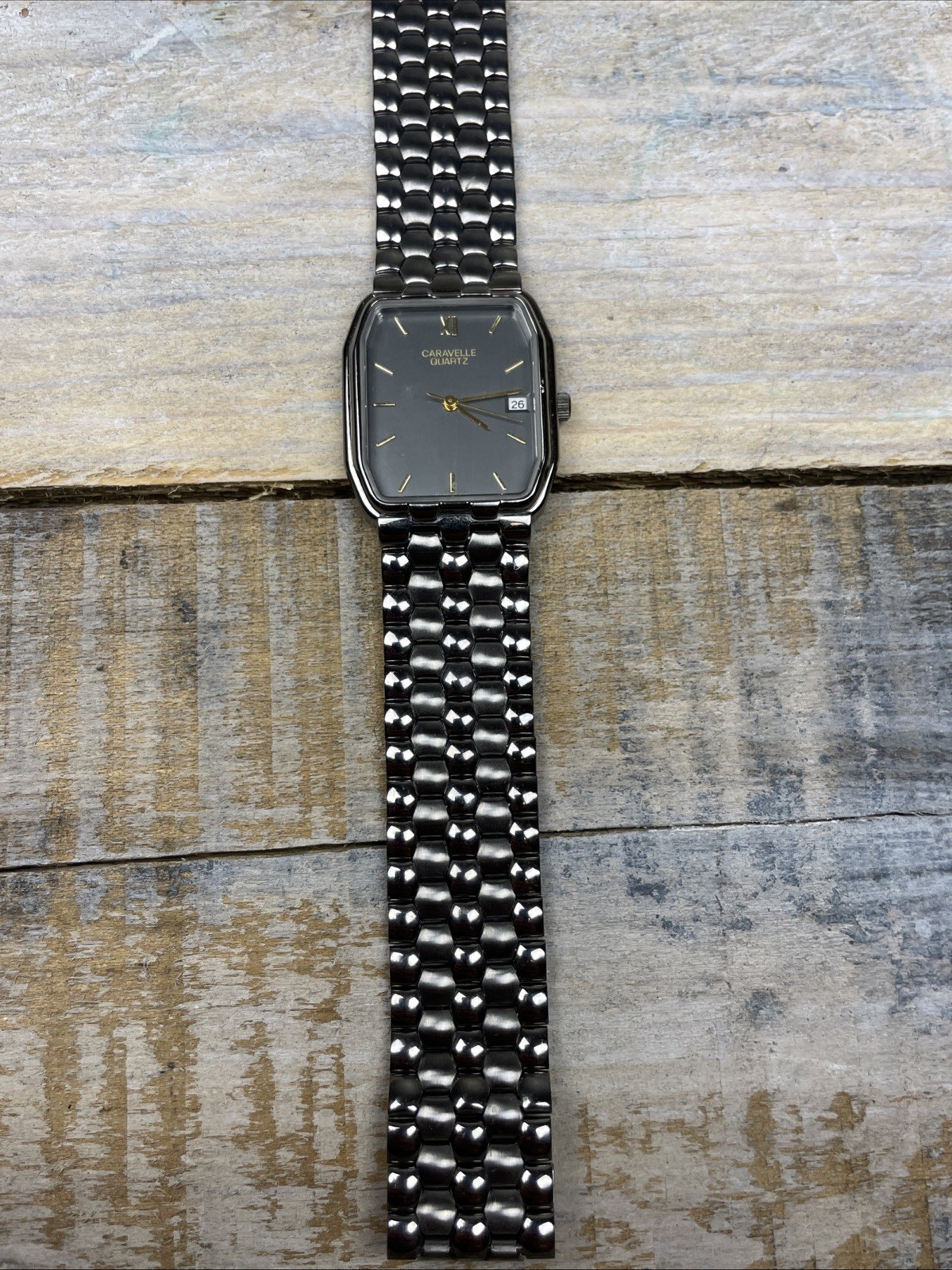 Vintage Bulova Caravelle Old Stock Dressy Black Chrome Date Watch 40B42 New Batt