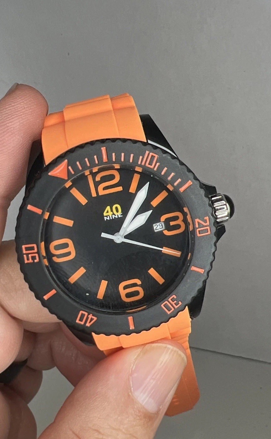 40NINE 46mm Quartz Watch with Black Dial and Orange Silicone Rubber Strap