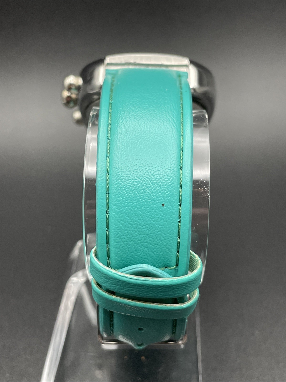 Geneva Chronograph Green Round Silver Tone Case Green Faux Leather Band Watch