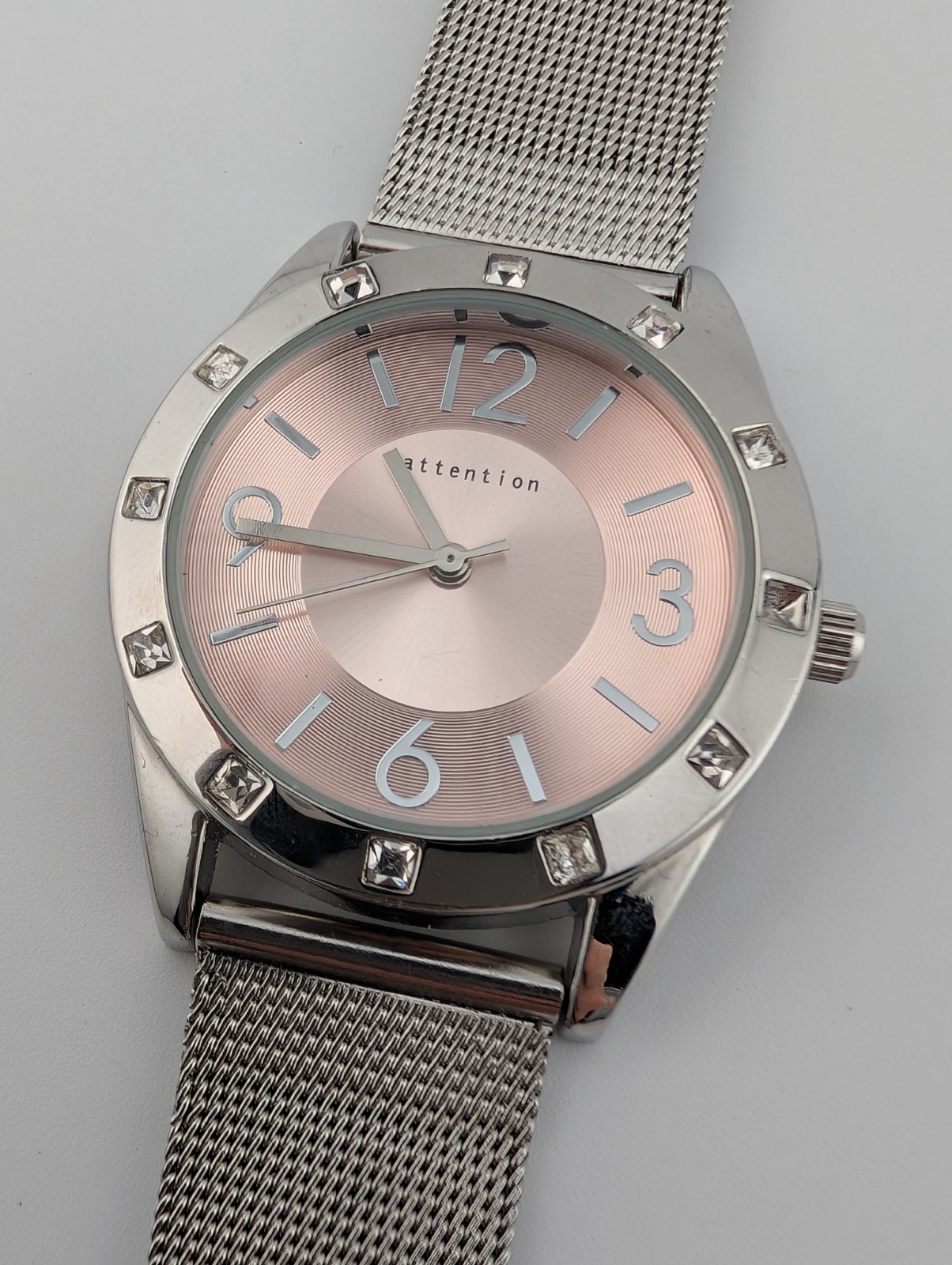Attention Watch Women 35mm Case Silver Adjustable Mesh Metal Band- New Battery