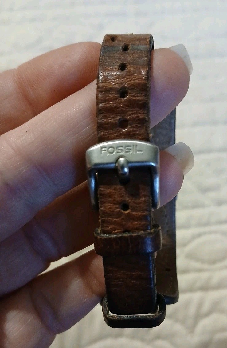 Fossil Blue Dial Square Case Brown Leather Wrap Watch Date