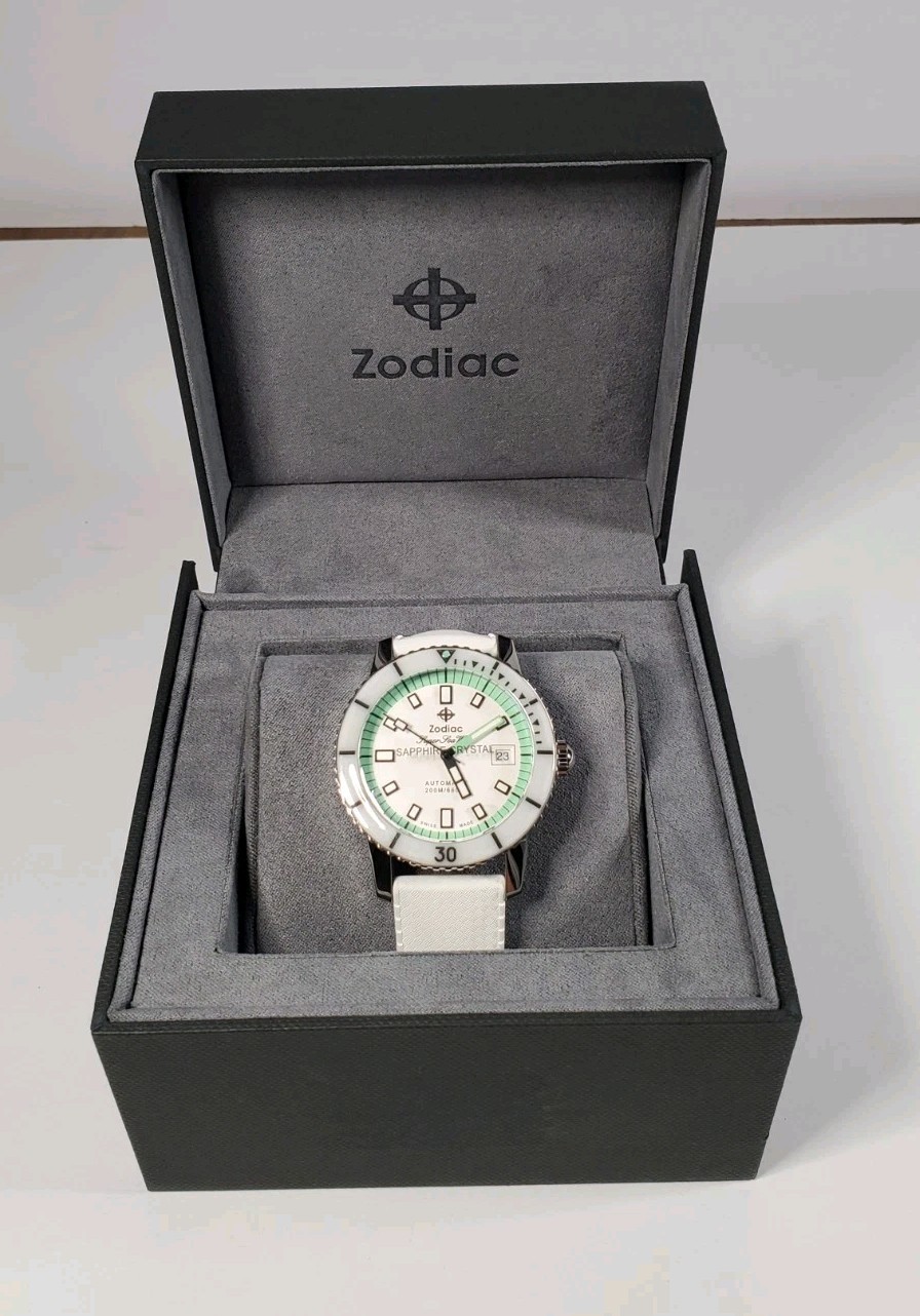 Zodiac Super Sea Wolf Diver Automatic White Teal Dial Rubber Watch ZO9309 $1589