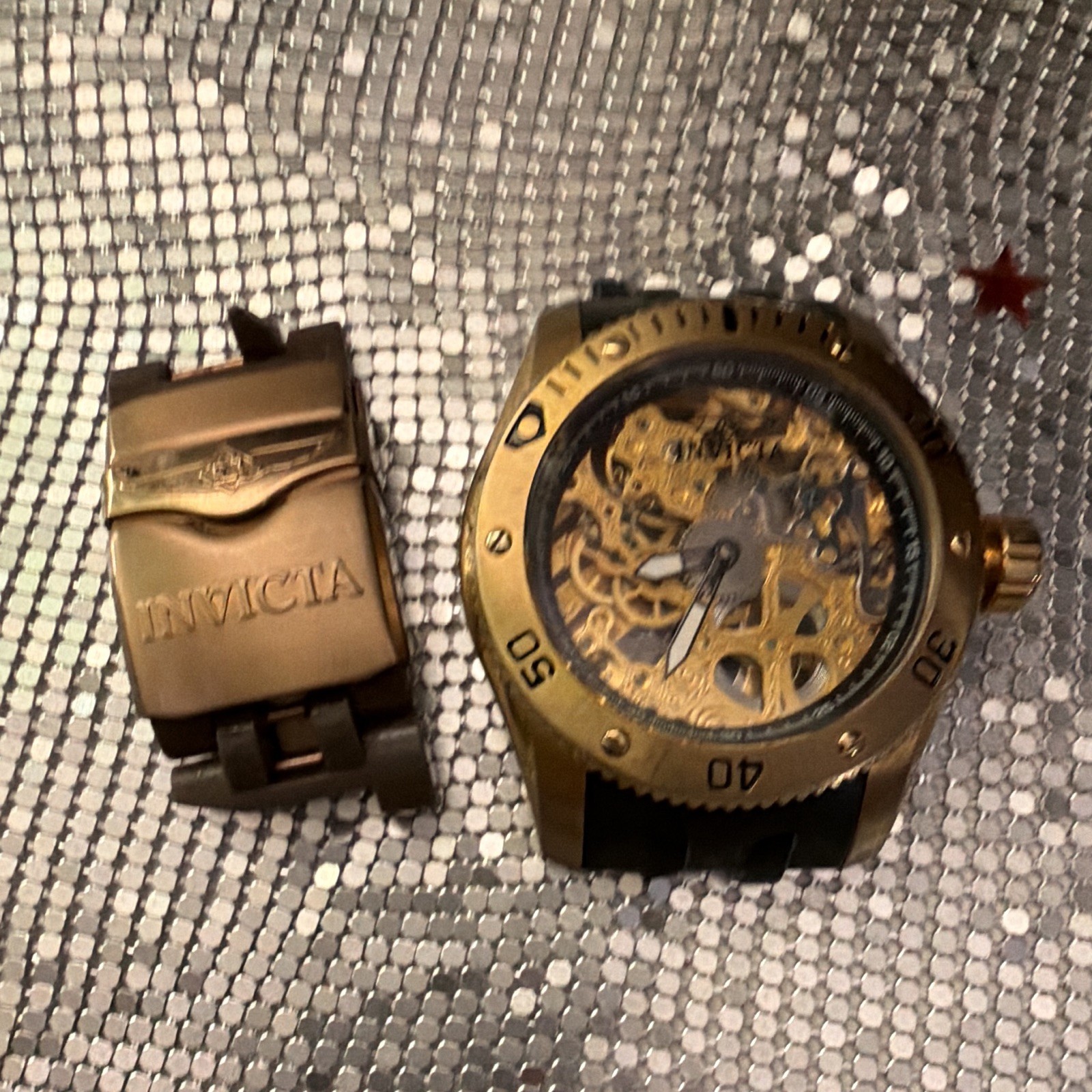 Invicta Sea Spider Skeleton Automatic Gold Tone 50mm Watch Black Silicone 150m