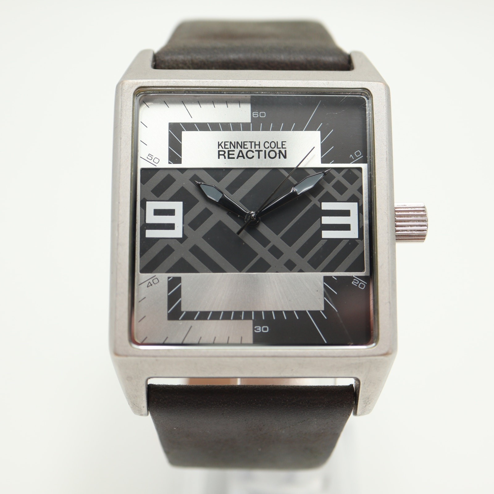 Kenneth Cole Reaction Mens 41mm Square Geometric Watch Black Leather New Battery