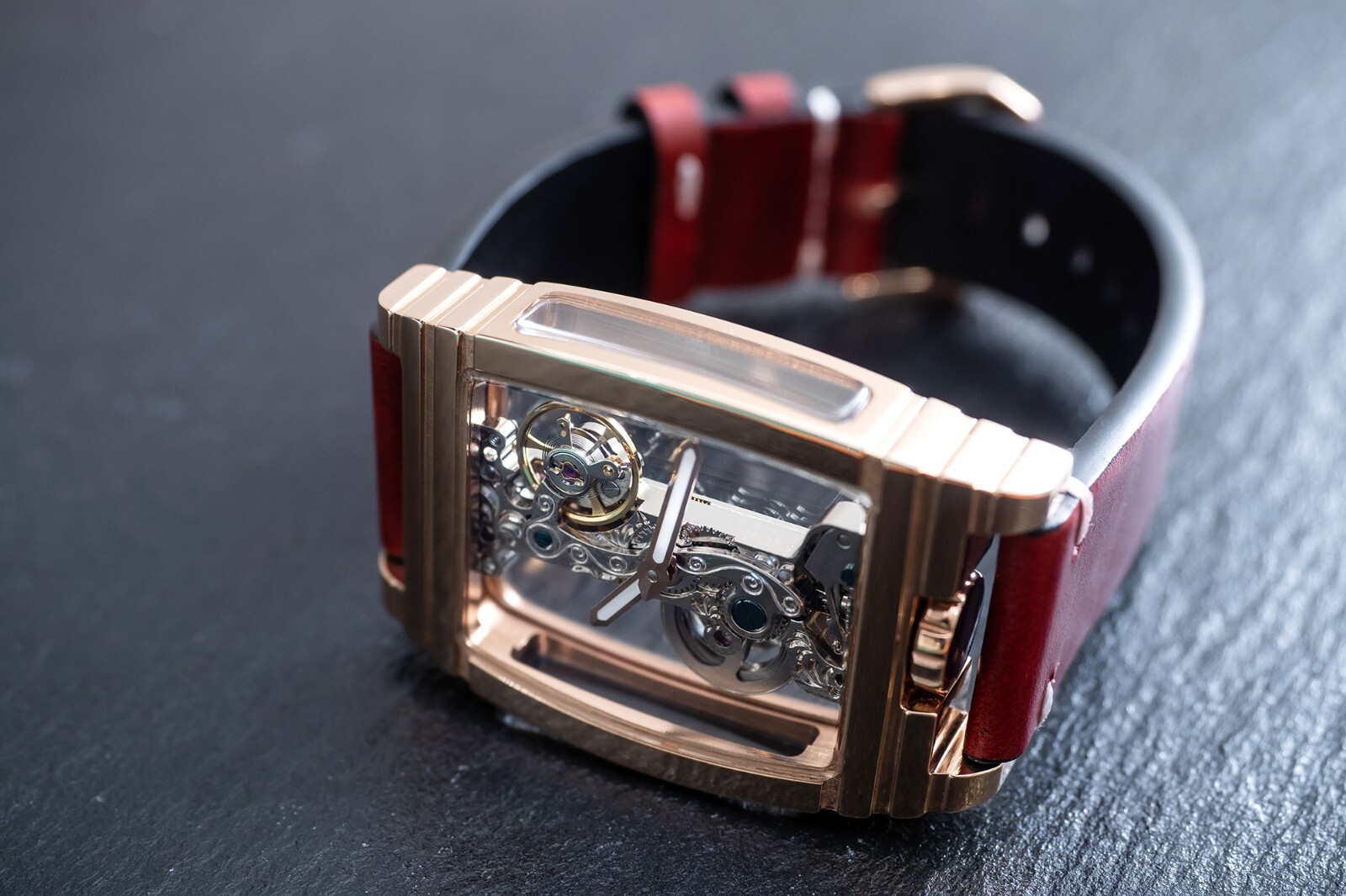Mens Rose Gold Manual Mechanical Watch Dark Red Oil Waxed Vintage Leather Strap