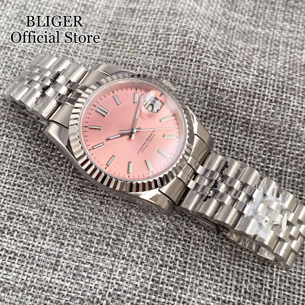 36MM NH35A Sunburst Pink Dial Automatic Watch Men Jubilee Bracelet Screw Crown