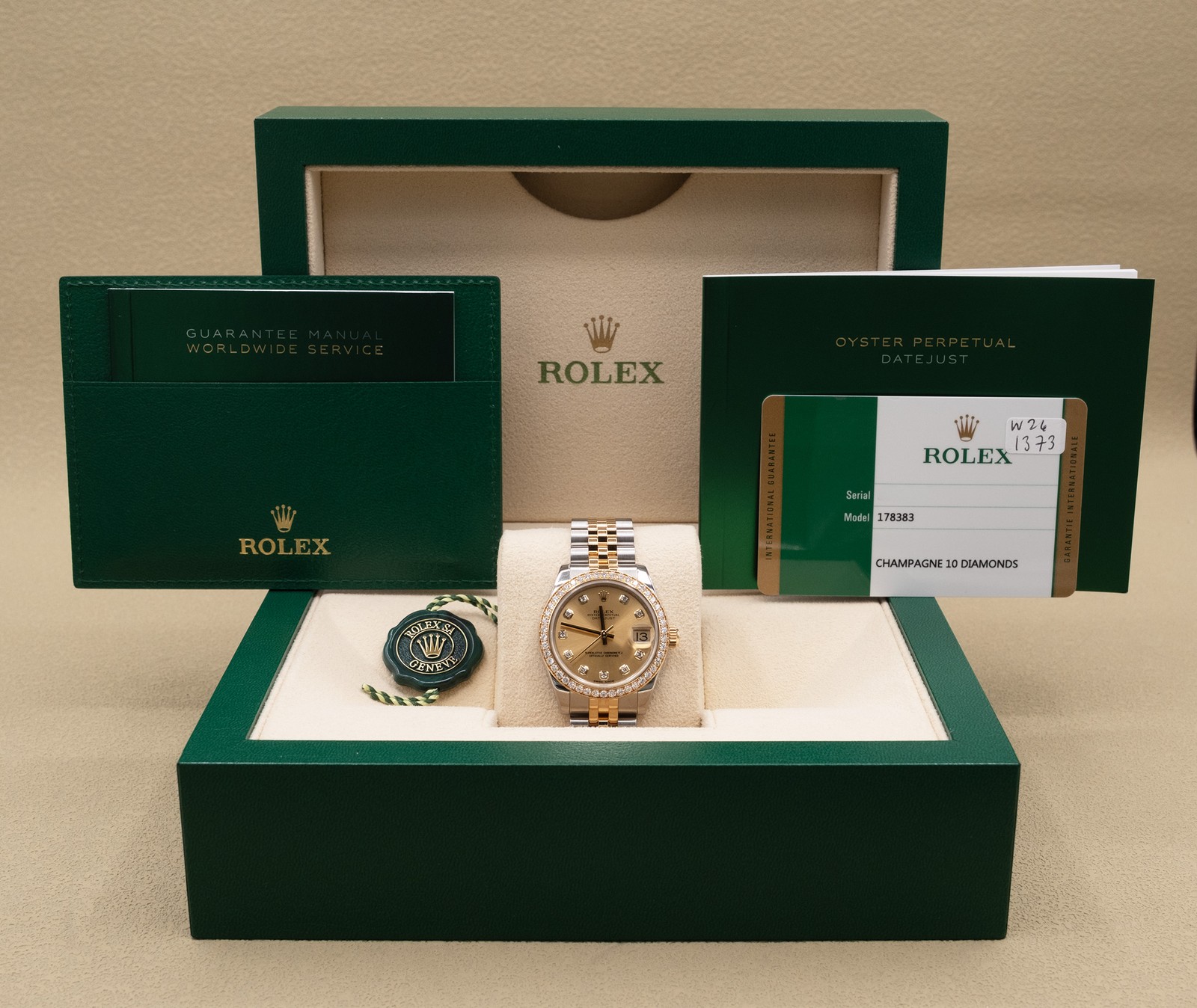 2016 Rolex Datejust 31 Champagne Diamond Dial Complete