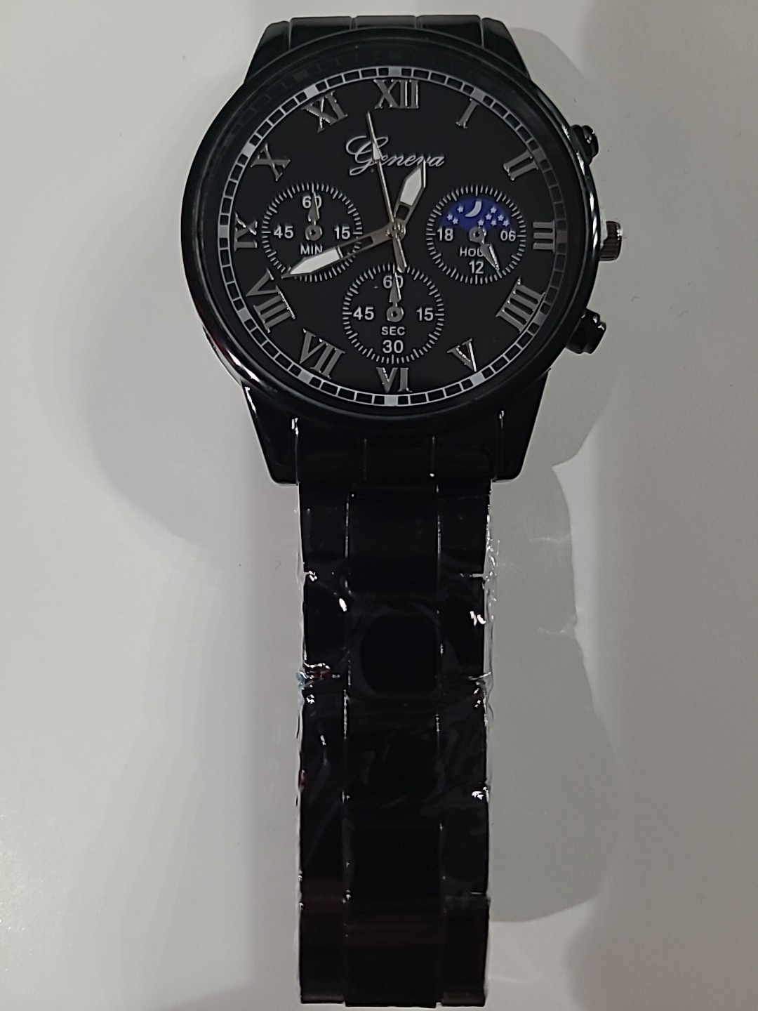 Geneva Men’s Gloss Black Watch With Black Dial 8 3/4″ Band