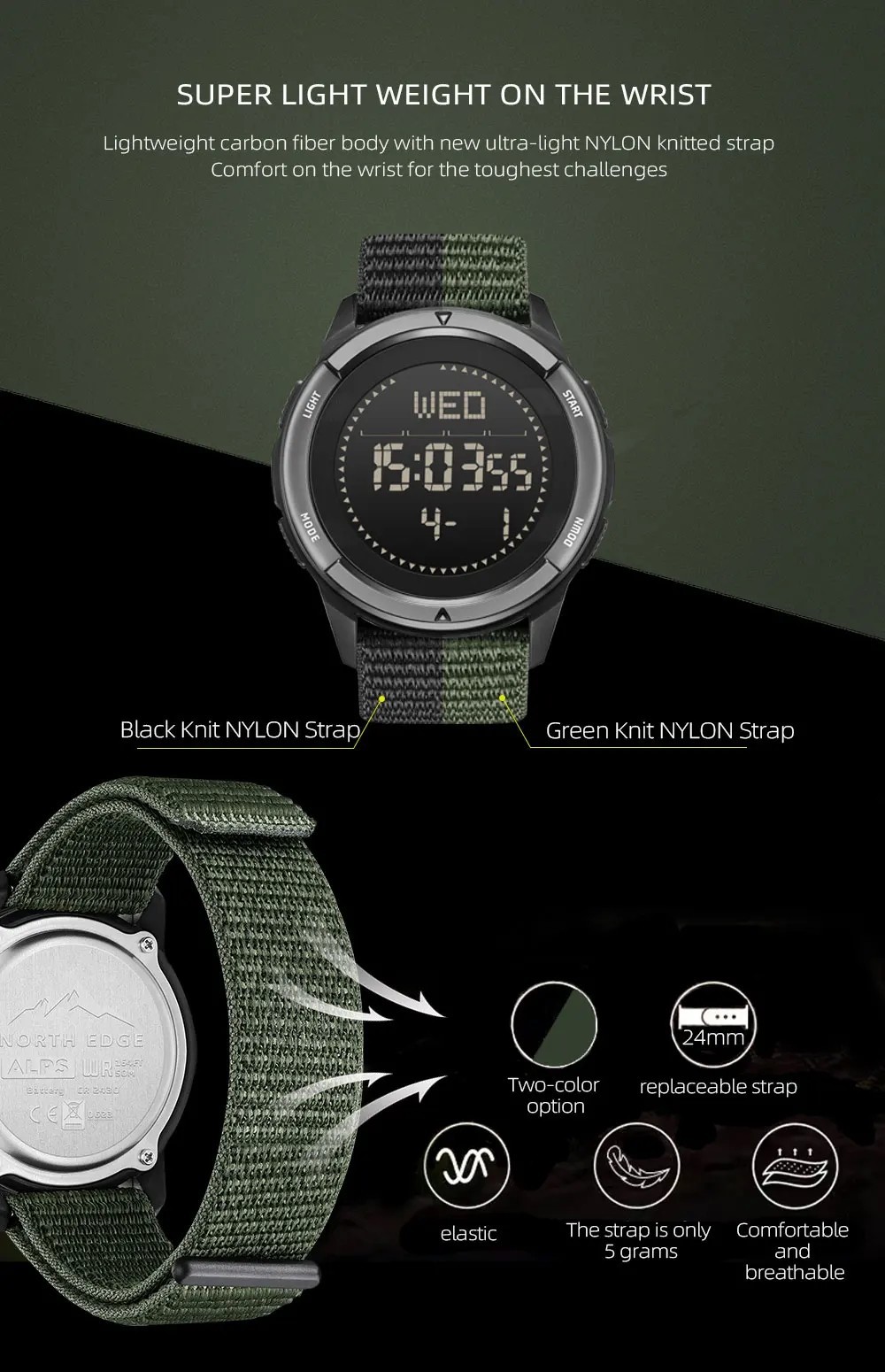 Men Digital Carbon Fiber Sports Watch Military Waterproof 50M Compass Pedometer