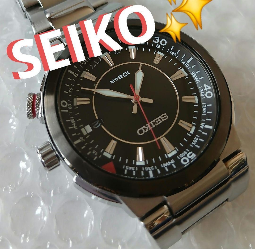 SEIKO Quartz Inner Rotating Bezel Black Dial Stainless Mens Watch 10 BAR