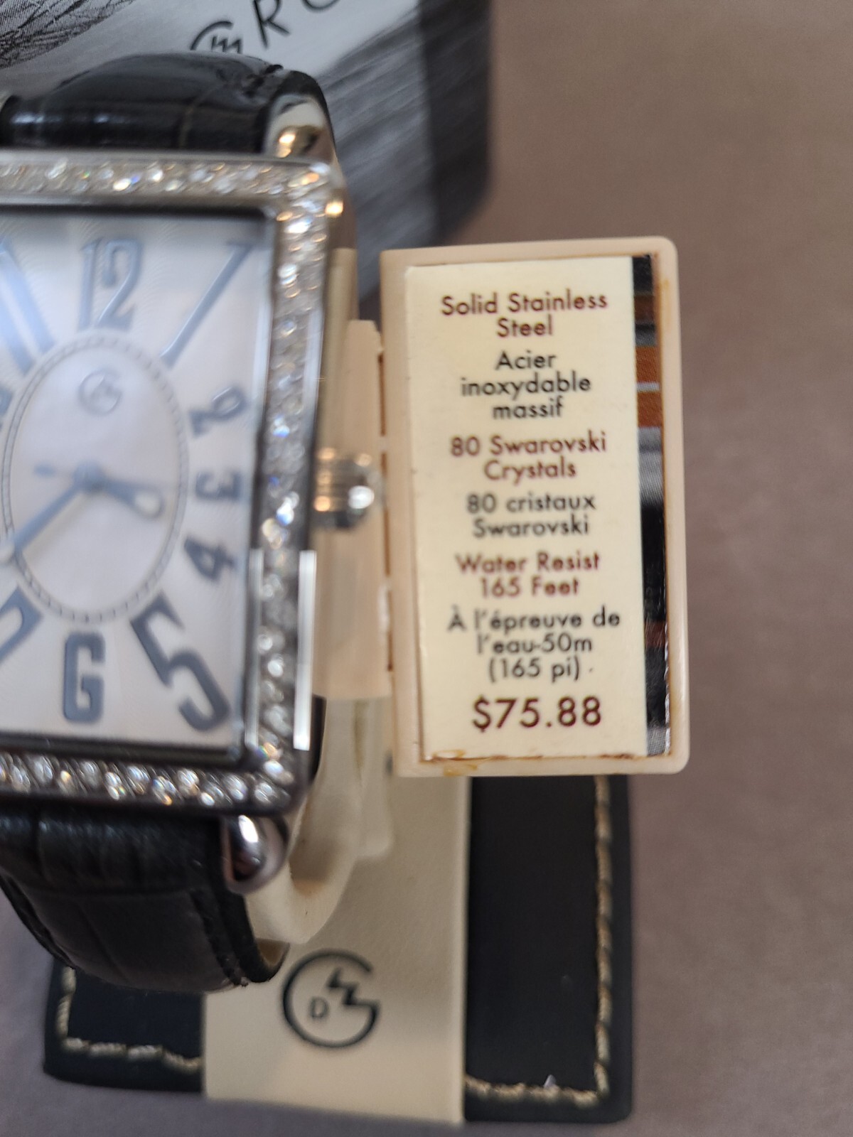 Women’s Fashion Watch-George – Ivory Face w/Crystal Accents Black Leather Band