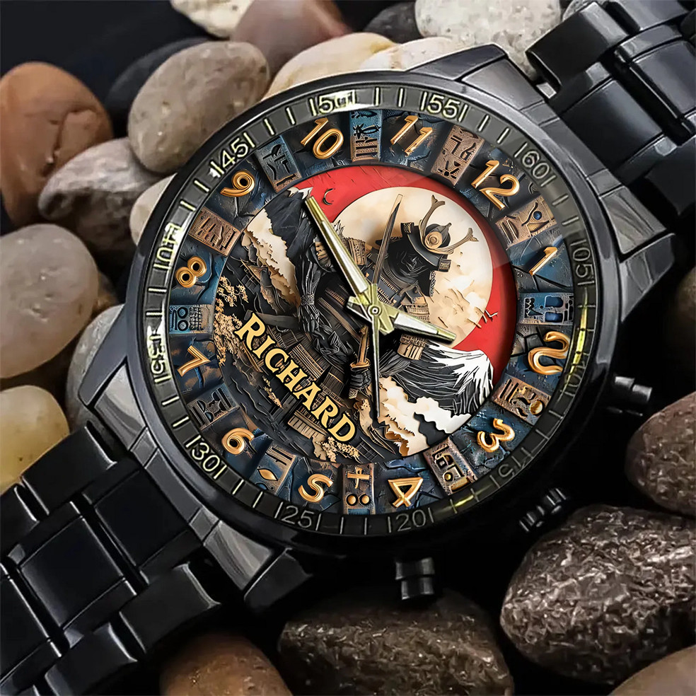 Personalized Japanese Samurai Design Watch – Custom Name Engraved Timepiece