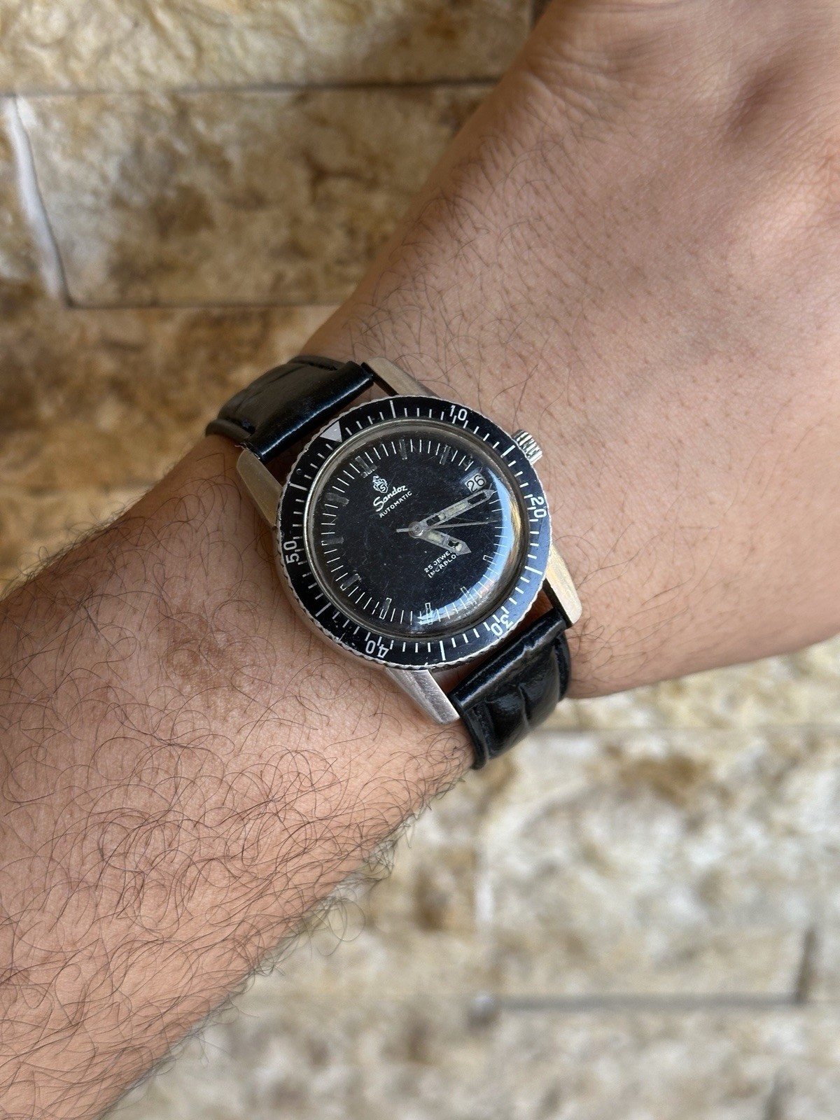 Rare Vintage Sandoz Automatic Skin Diver Watch 25 Jewels 37mm Boxed Black Date