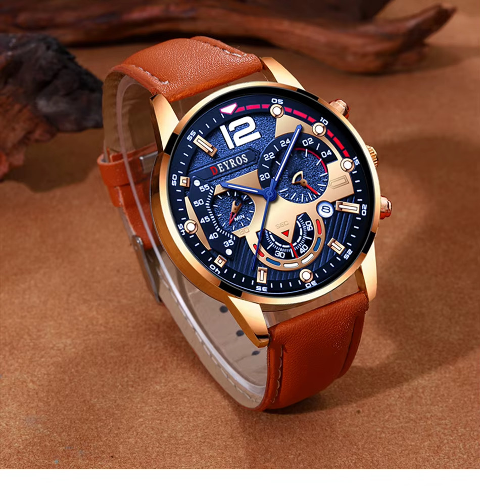 Mens Fashion Watch Leather Strap Quartz Movement Wristband