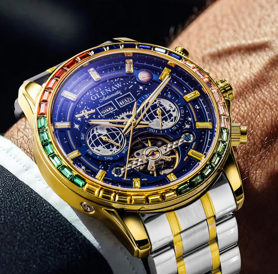 GLENAW Men’s Automatic Watch Rainbow Gemstone Bezel Blue Dial Steel Strap Wristw