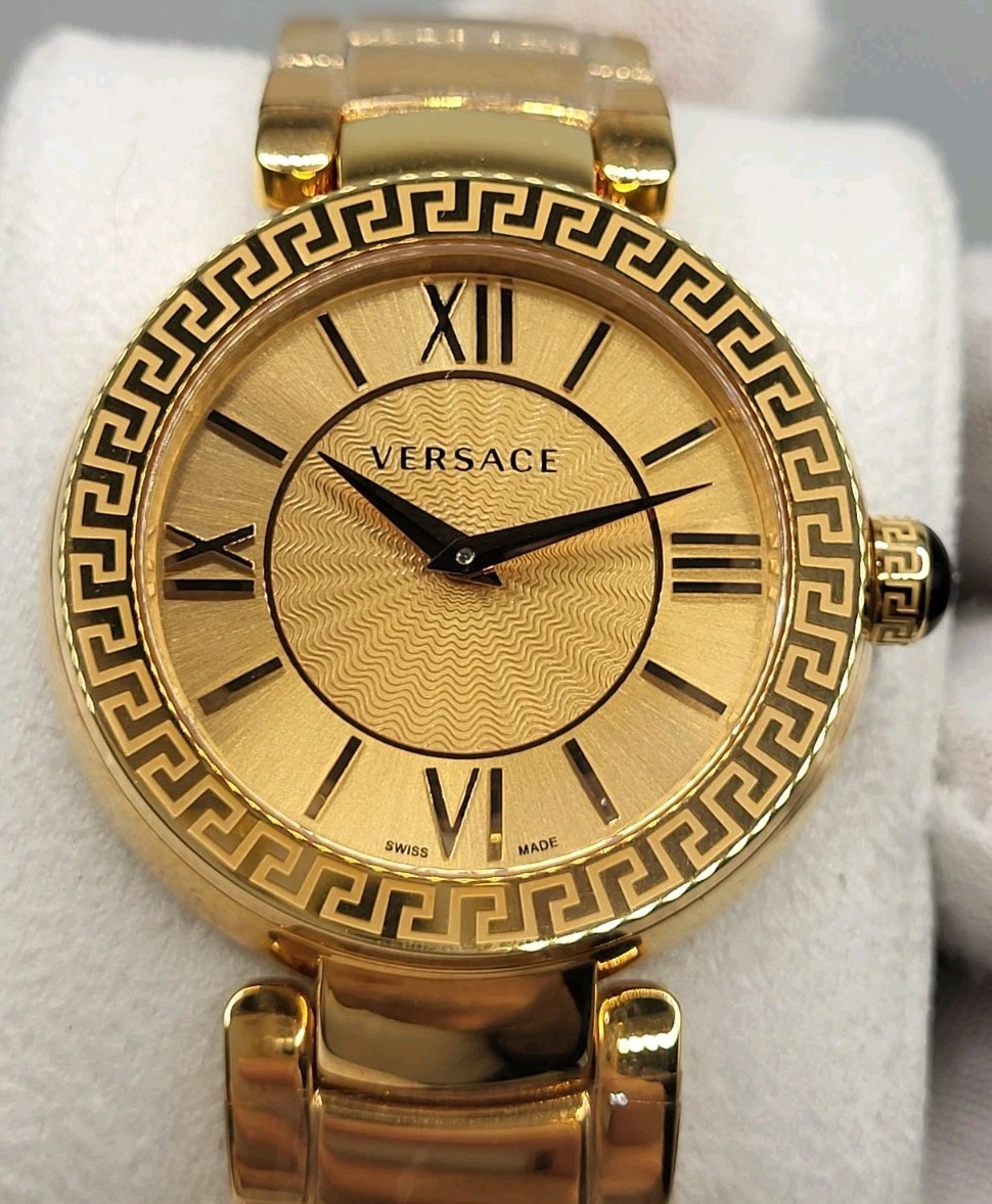 SWISS [NEW] 38mm Versace Leda Women’s Gold Guiloche Dial Roman Watch Box & Paper